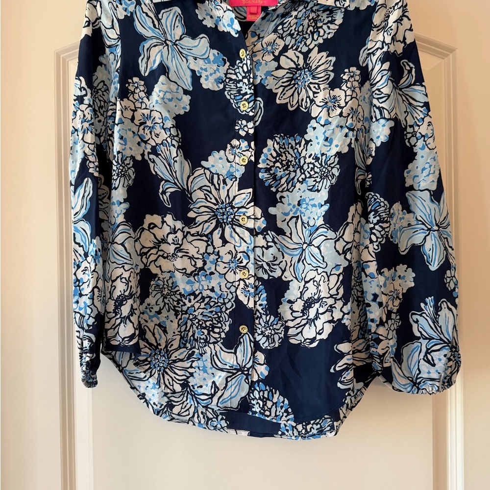 Lilly Pulitzer Low Tide Navy Bouquet All Day Farren Silk Blouse Size XXS EUC
